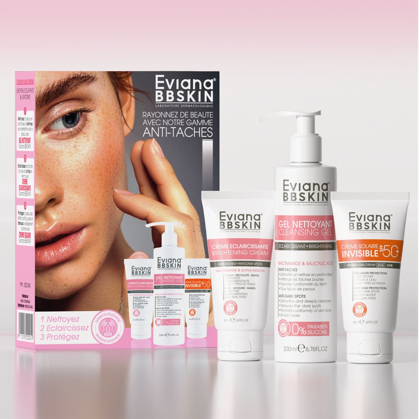 Eviana Creme Eclaircissant + Gel Nettoyant + Ecran Invisible PACK